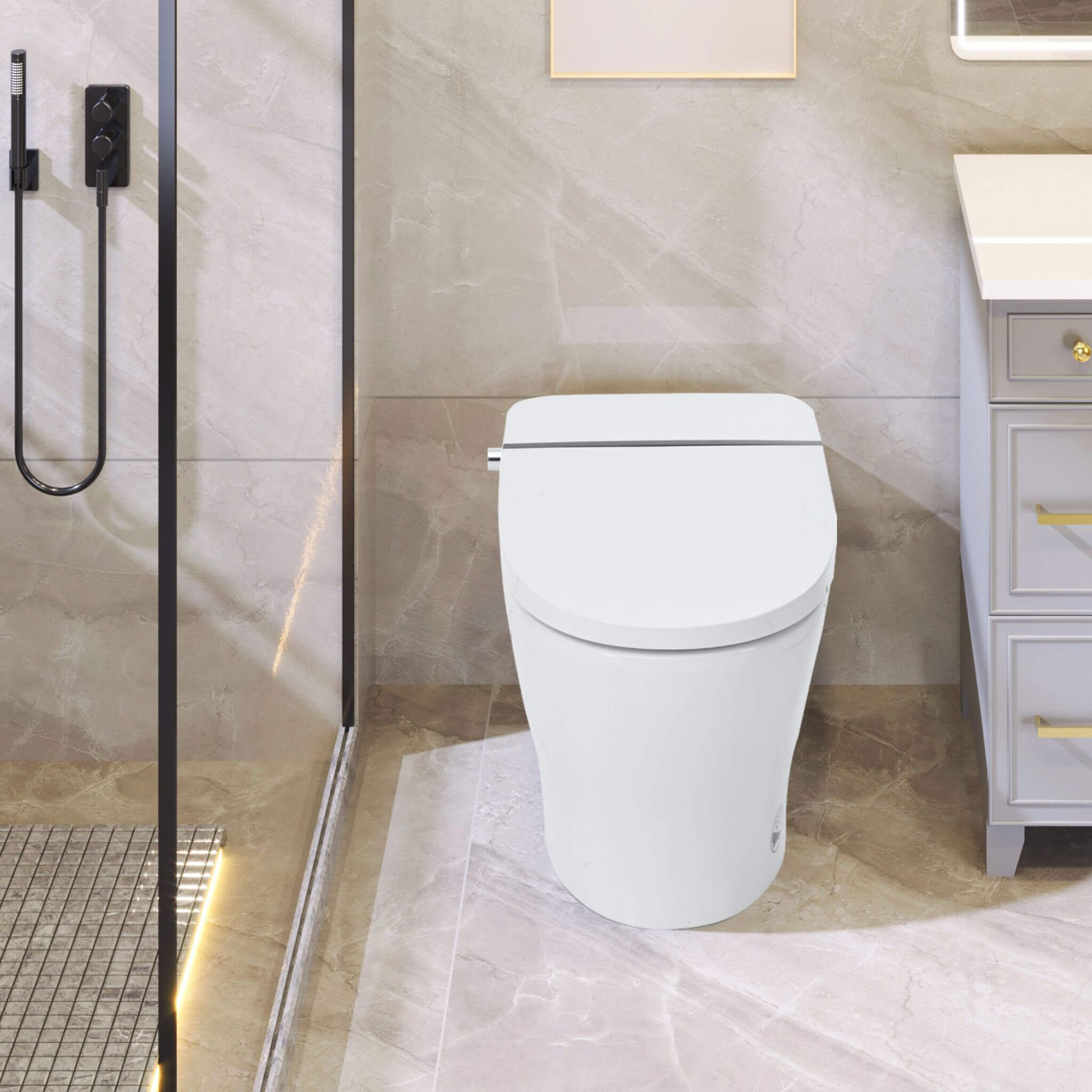1/1.28 GPF Smart Compact Dual Flush Tankless Toilet Bidet Combo With Self-Cleaning Nozzle And Foot Sensor Flush (SAK58021)