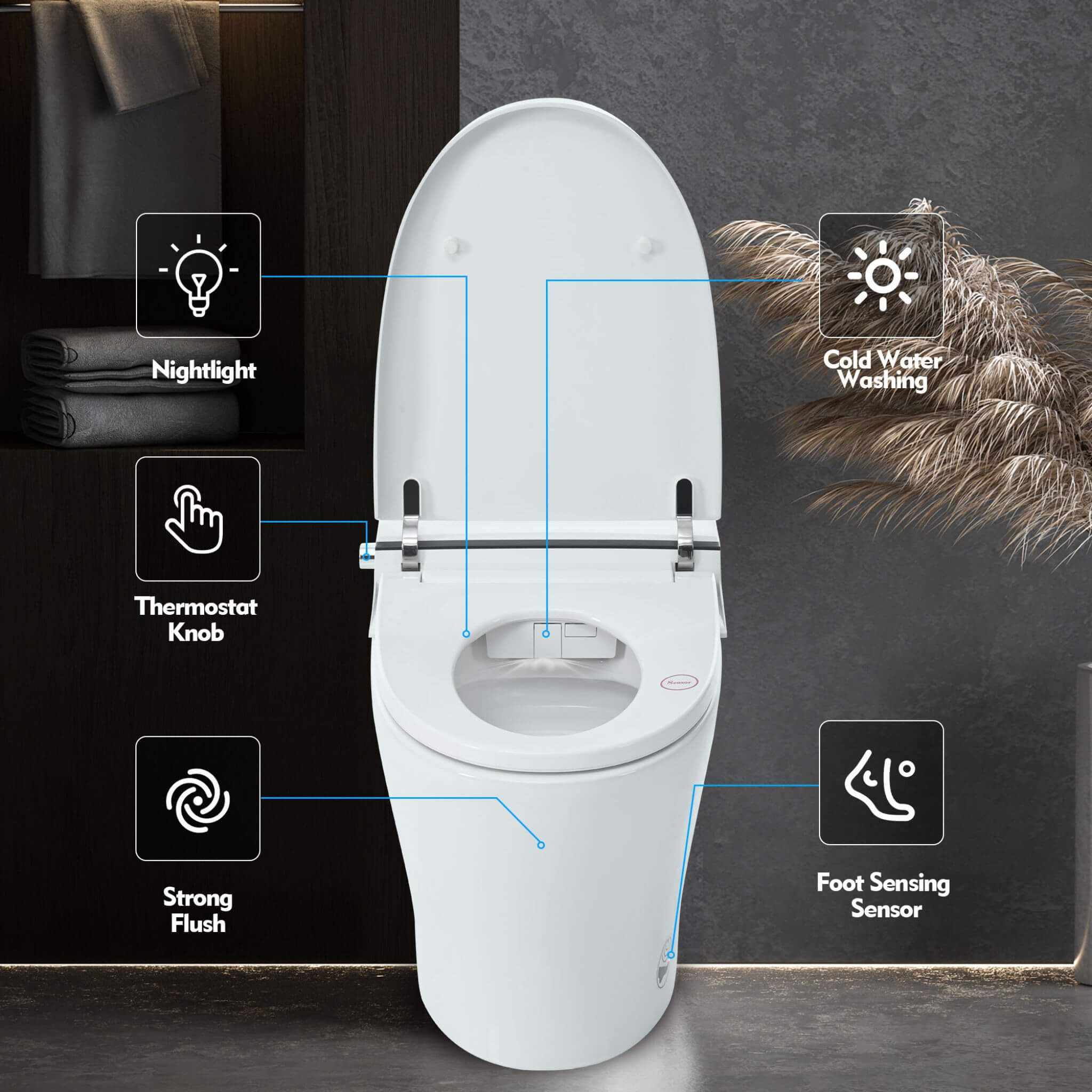 1/1.28 GPF Smart Compact Dual Flush Tankless Toilet Bidet Combo With Self-Cleaning Nozzle And Foot Sensor Flush (SAK58021)