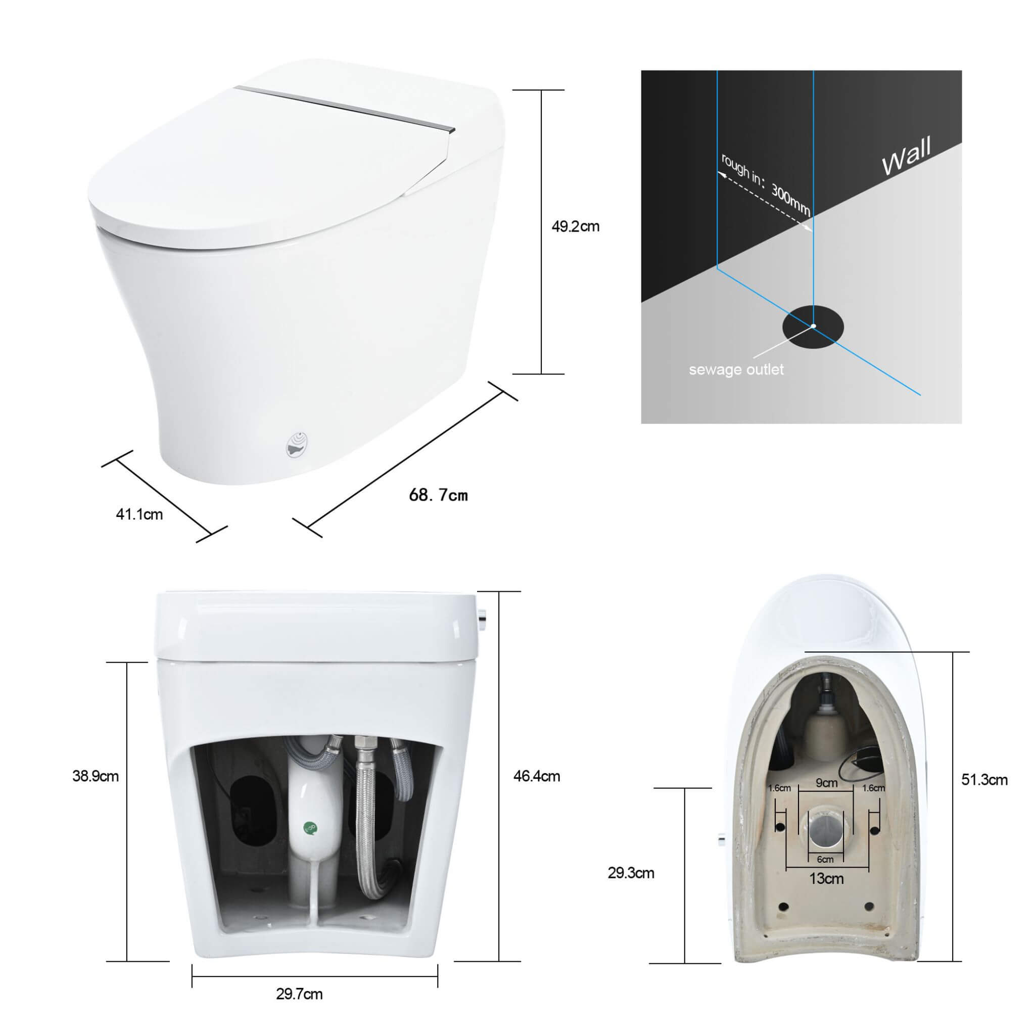 1/1.28 GPF Smart Compact Dual Flush Tankless Toilet Bidet Combo With Self-Cleaning Nozzle And Foot Sensor Flush (SAK58021)
