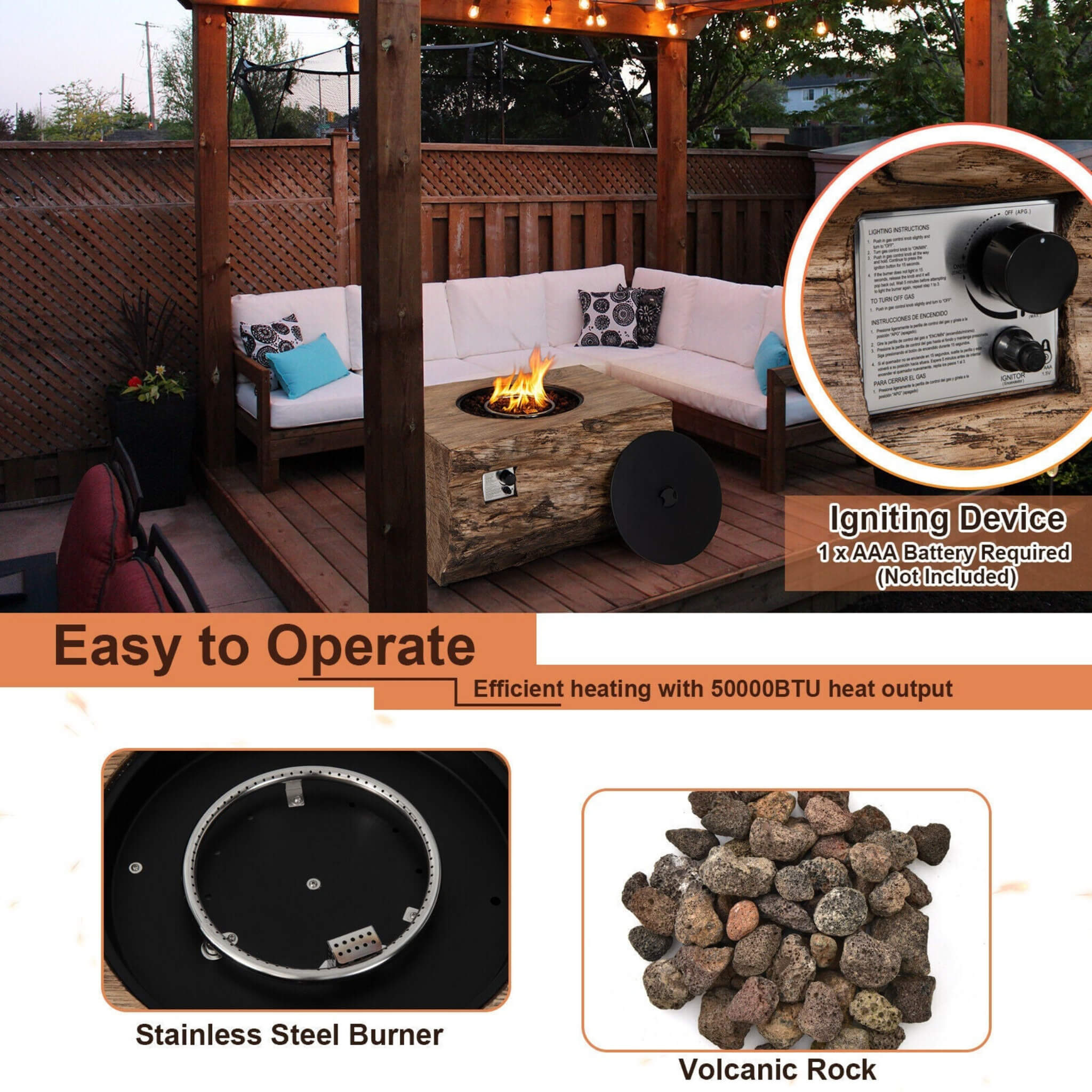 40" Rectangular Propane Fire Pit Table W/ Rocks & Gas Kit, 50K BTU (SAK21411)