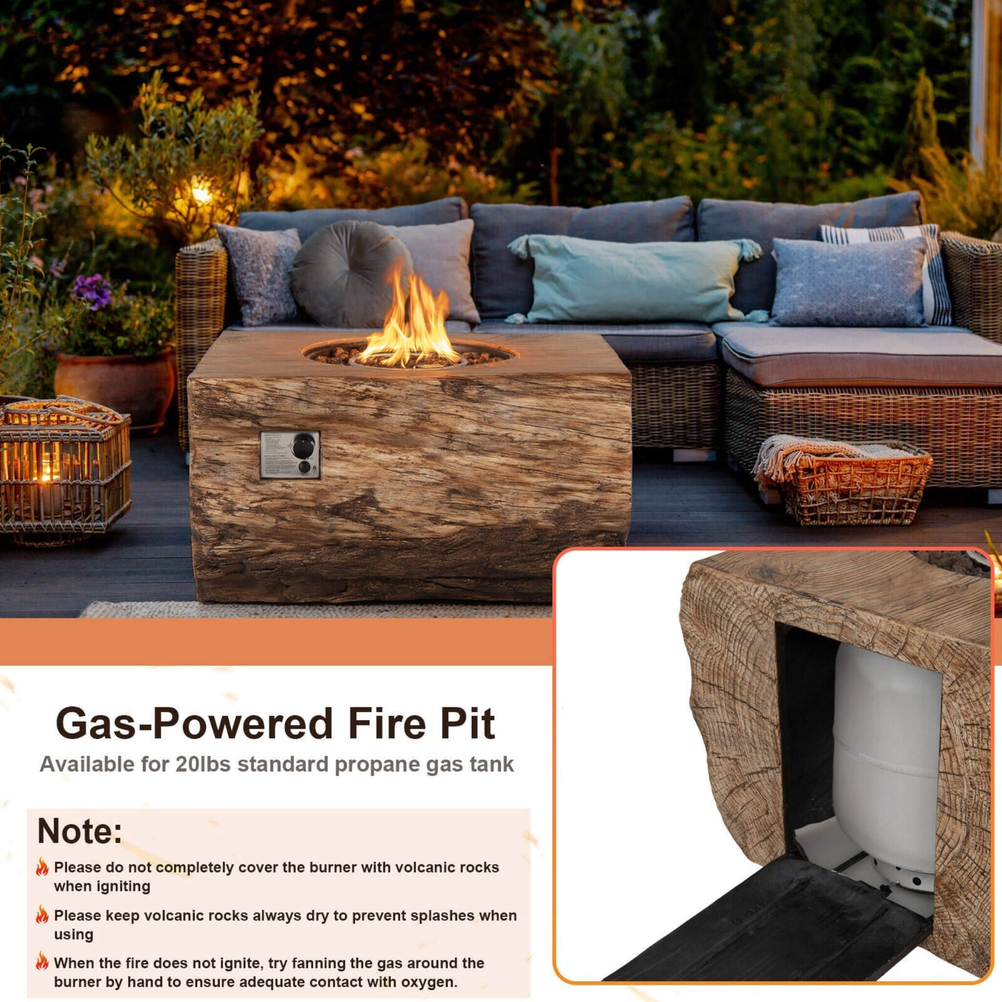 40" Rectangular Propane Fire Pit Table W/ Rocks & Gas Kit, 50K BTU (SAK21411)