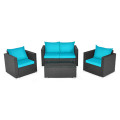 4PCS Outdoor Rattan Wicker Patio Furniture Set With Turquoise Cushions (97145368)