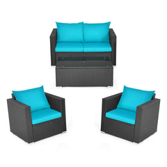 4PCS Outdoor Rattan Wicker Patio Furniture Set With Turquoise Cushions (97145368)