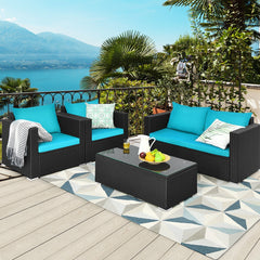 4PCS Outdoor Rattan Wicker Patio Furniture Set With Turquoise Cushions (97145368)