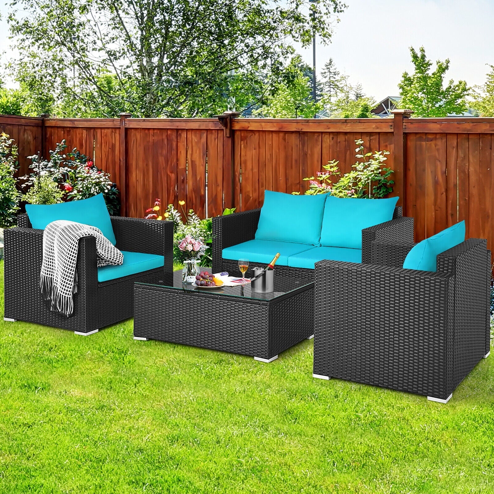 4PCS Outdoor Rattan Wicker Patio Furniture Set With Turquoise Cushions (97145368)