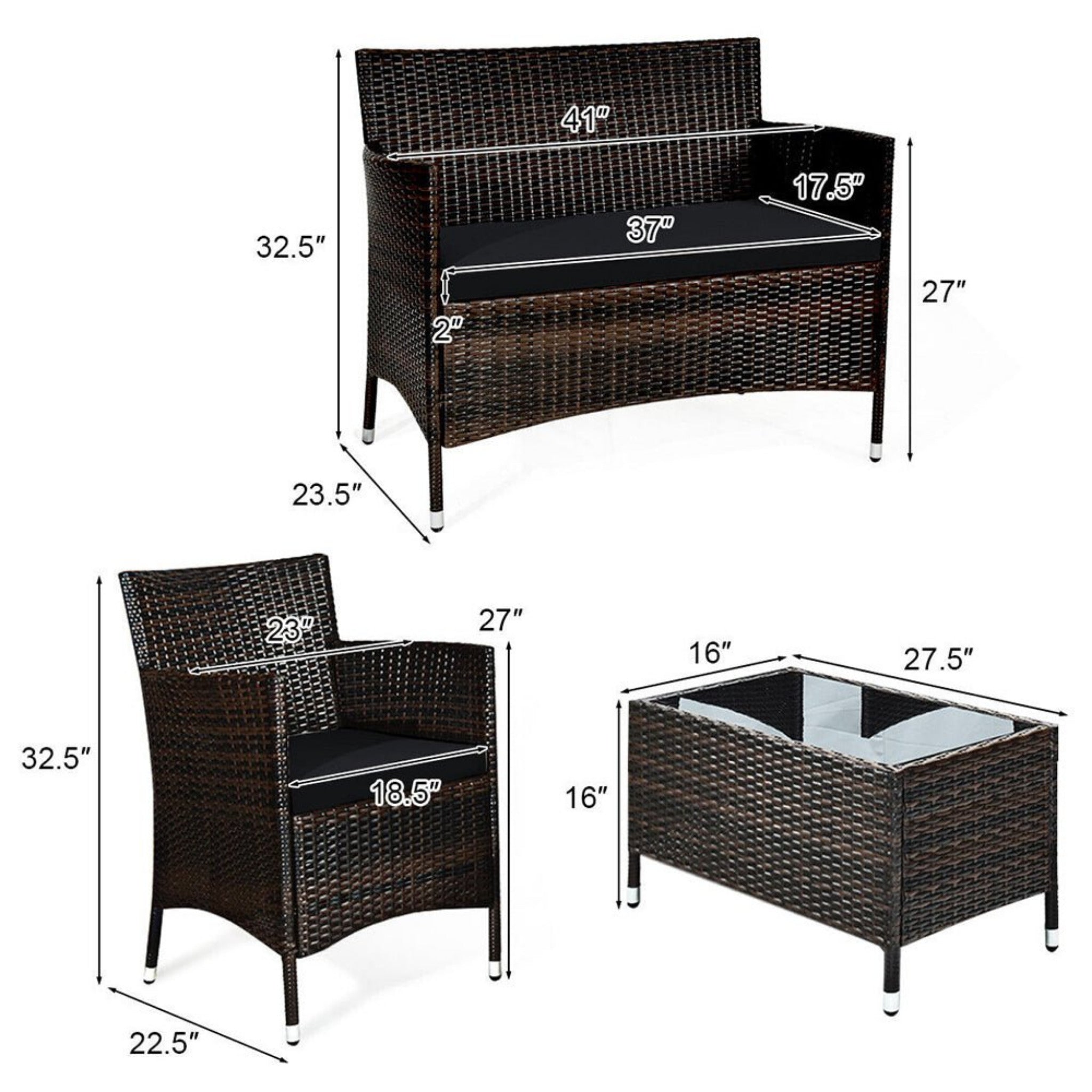 4PCS Outdoor Rattan Patio Furniture Set With Cushions & Coffee Table (SAK75463)