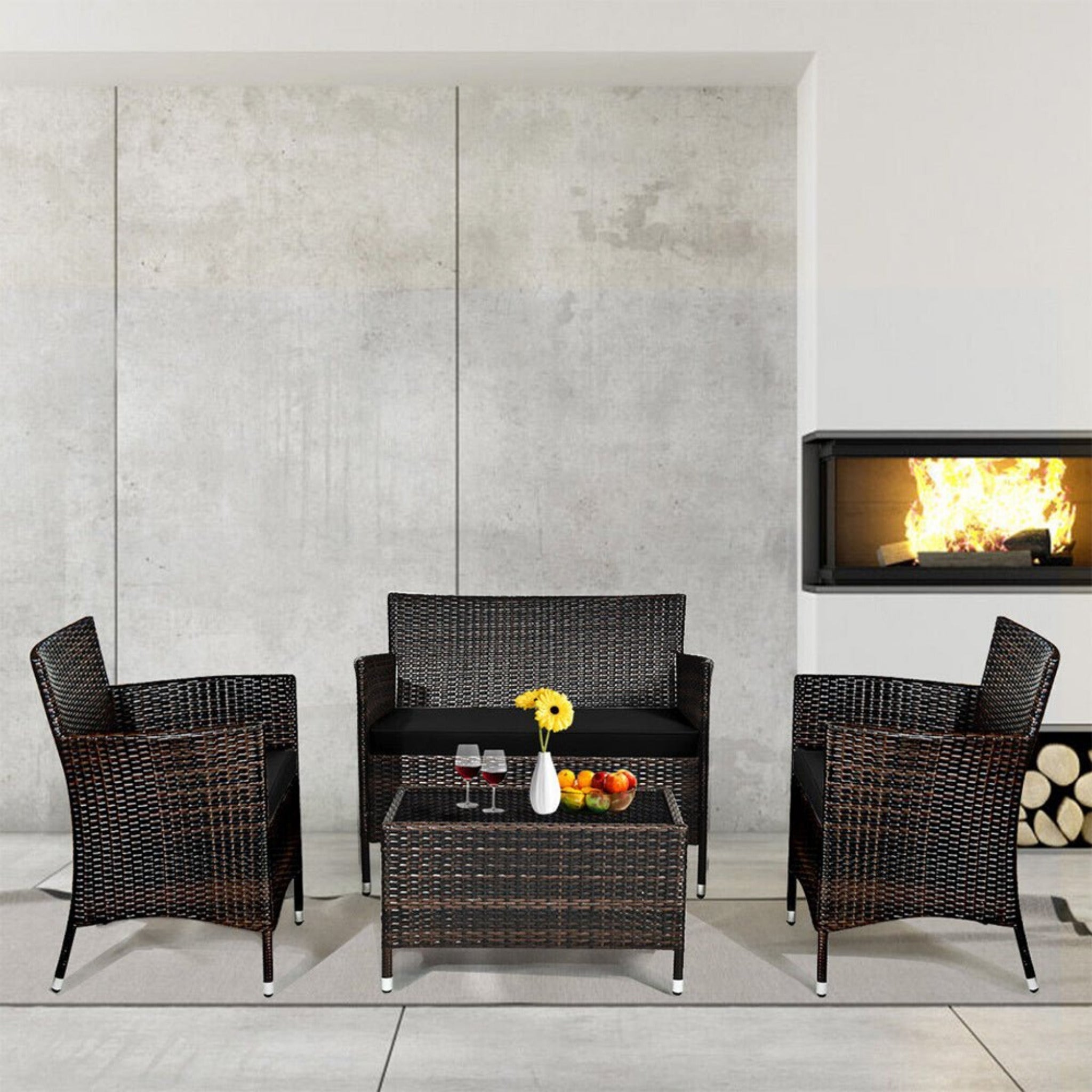 4PCS Outdoor Rattan Patio Furniture Set With Cushions & Coffee Table (SAK75463)