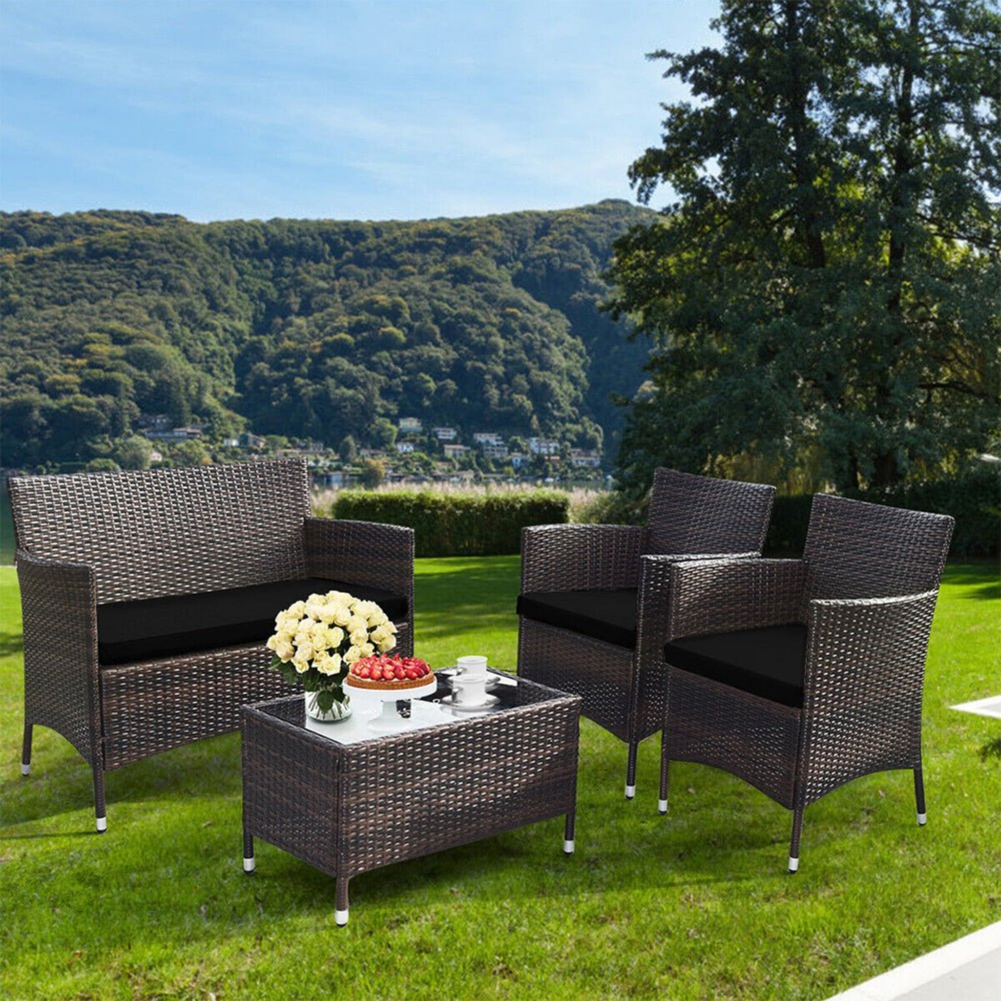 4PCS Outdoor Rattan Patio Furniture Set With Cushions & Coffee Table (SAK75463)