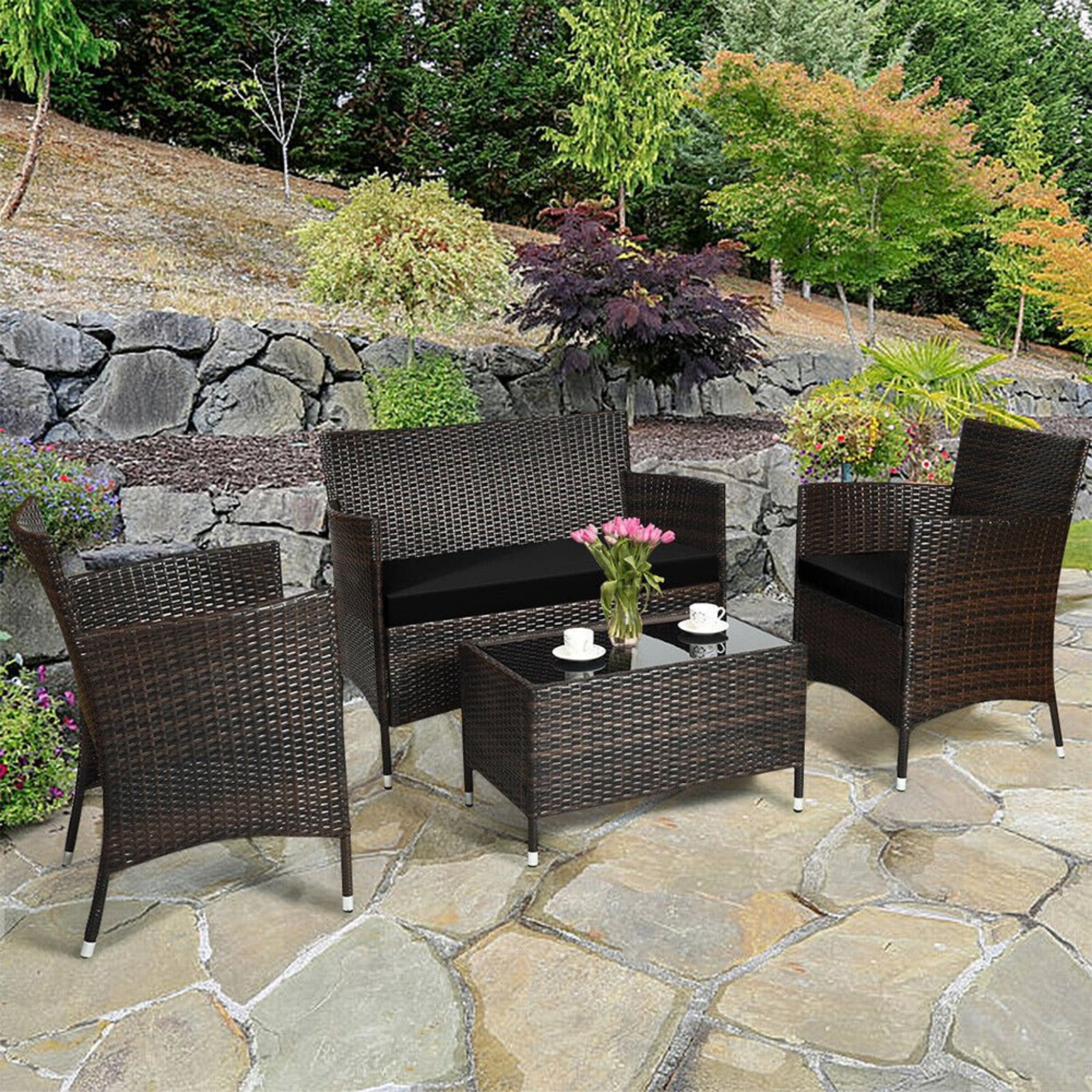4PCS Outdoor Rattan Patio Furniture Set With Cushions & Coffee Table (SAK75463)