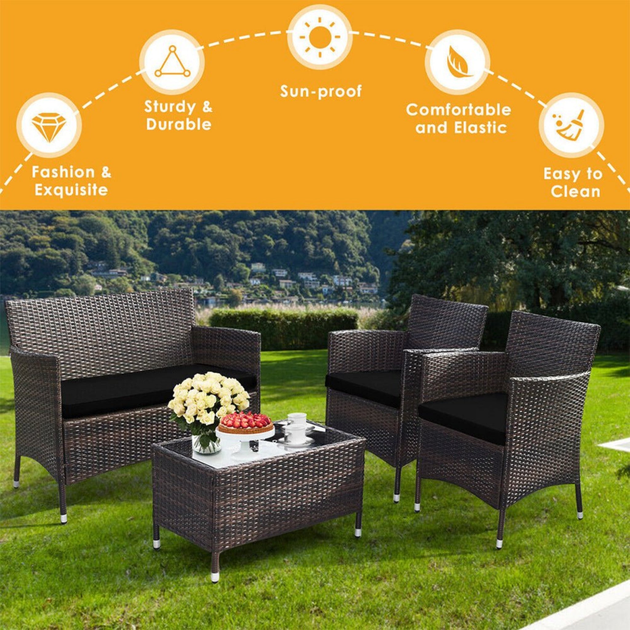 4PCS Outdoor Rattan Patio Furniture Set With Cushions & Coffee Table (SAK75463)