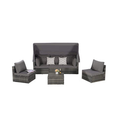 5 PCS Outdoor Patio Wicker Daybed Furniture Set With Retractable Canopy (SAK37816)