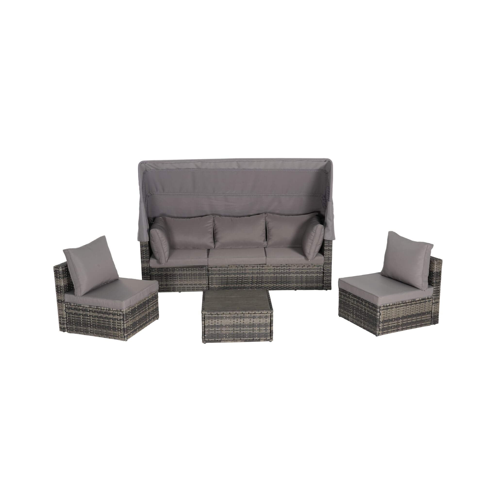 5 PCS Outdoor Patio Wicker Daybed Furniture Set With Retractable Canopy (SAK37816)