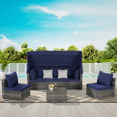 5 PCS Outdoor Patio Wicker Daybed Furniture Set With Retractable Canopy (SAK37816)