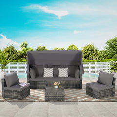 5 PCS Outdoor Patio Wicker Daybed Furniture Set With Retractable Canopy (SAK37816)
