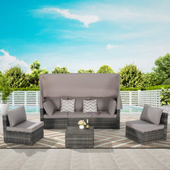 5 PCS Outdoor Patio Wicker Daybed Furniture Set With Retractable Canopy (SAK37816)