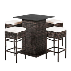 5 PCS Patio Rattan Bar Table Stool Set With Hidden Storage Shelf & Cushions (SAK14645)