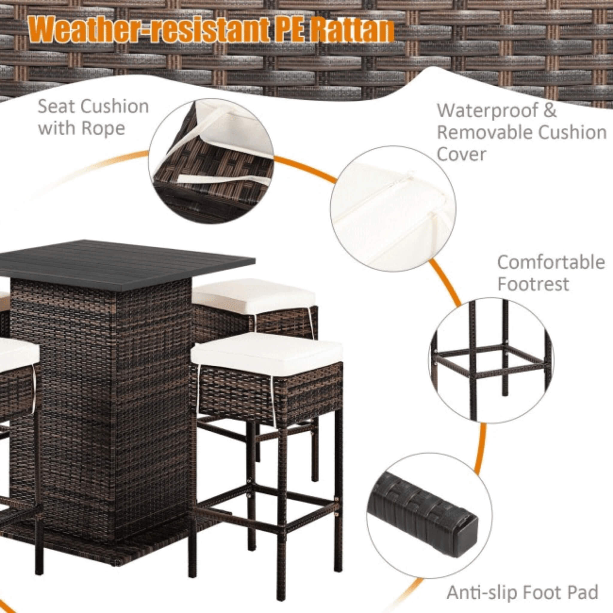 5 PCS Patio Rattan Bar Table Stool Set With Hidden Storage Shelf & Cushions (SAK14645)