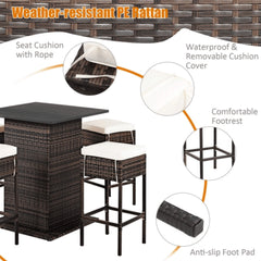 5 PCS Patio Rattan Bar Table Stool Set With Hidden Storage Shelf & Cushions (SAK14645)