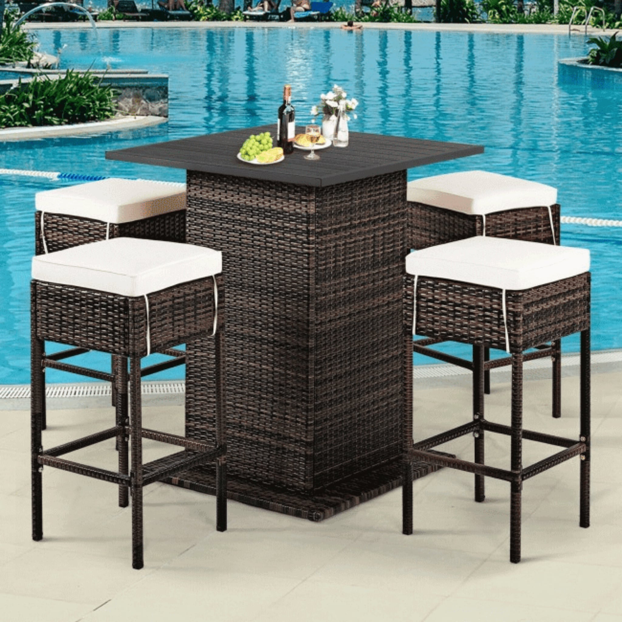 5 PCS Patio Rattan Bar Table Stool Set With Hidden Storage Shelf & Cushions (SAK14645)