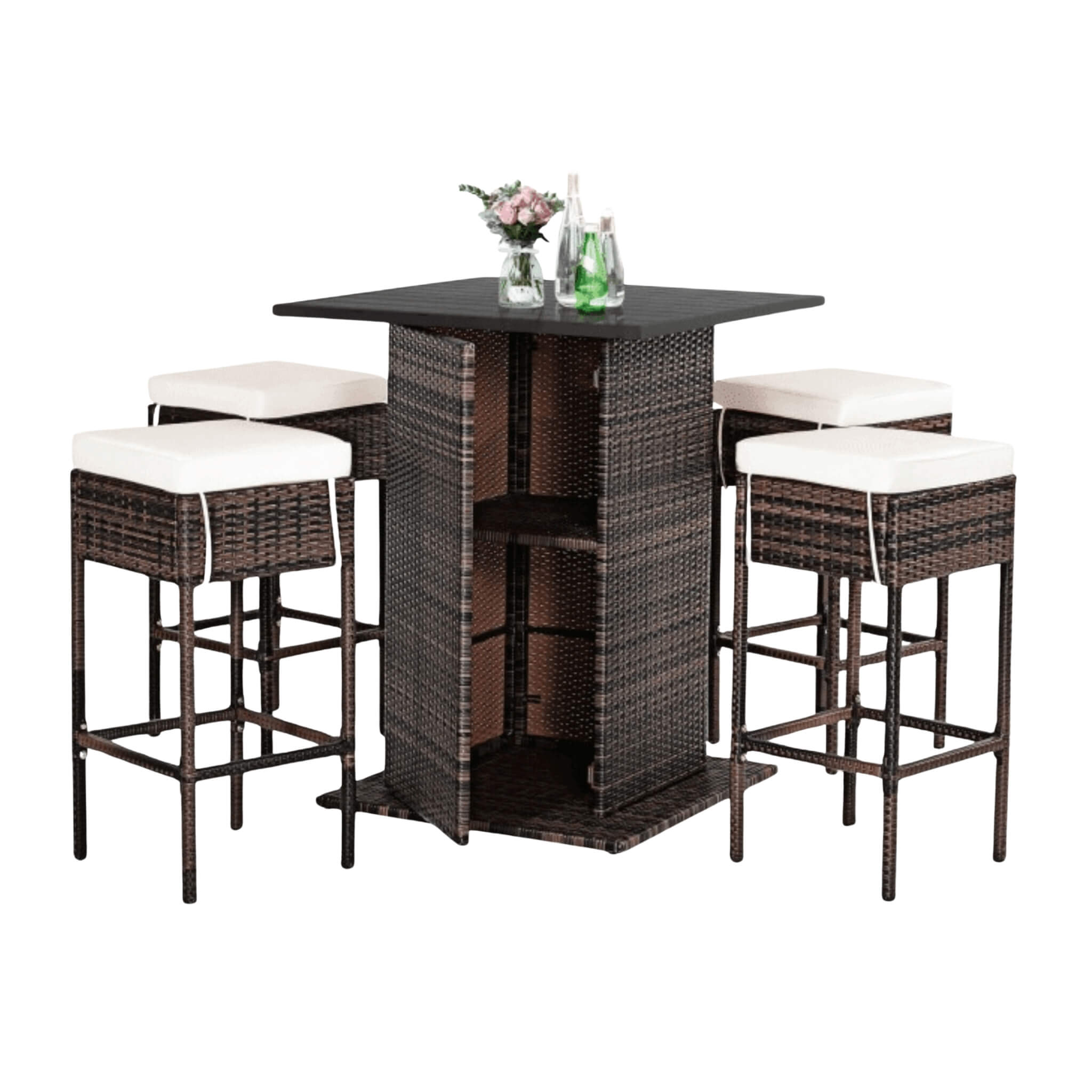 5 PCS Patio Rattan Bar Table Stool Set With Hidden Storage Shelf & Cushions (SAK14645)
