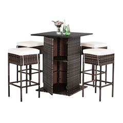 5 PCS Patio Rattan Bar Table Stool Set With Hidden Storage Shelf & Cushions (SAK14645)