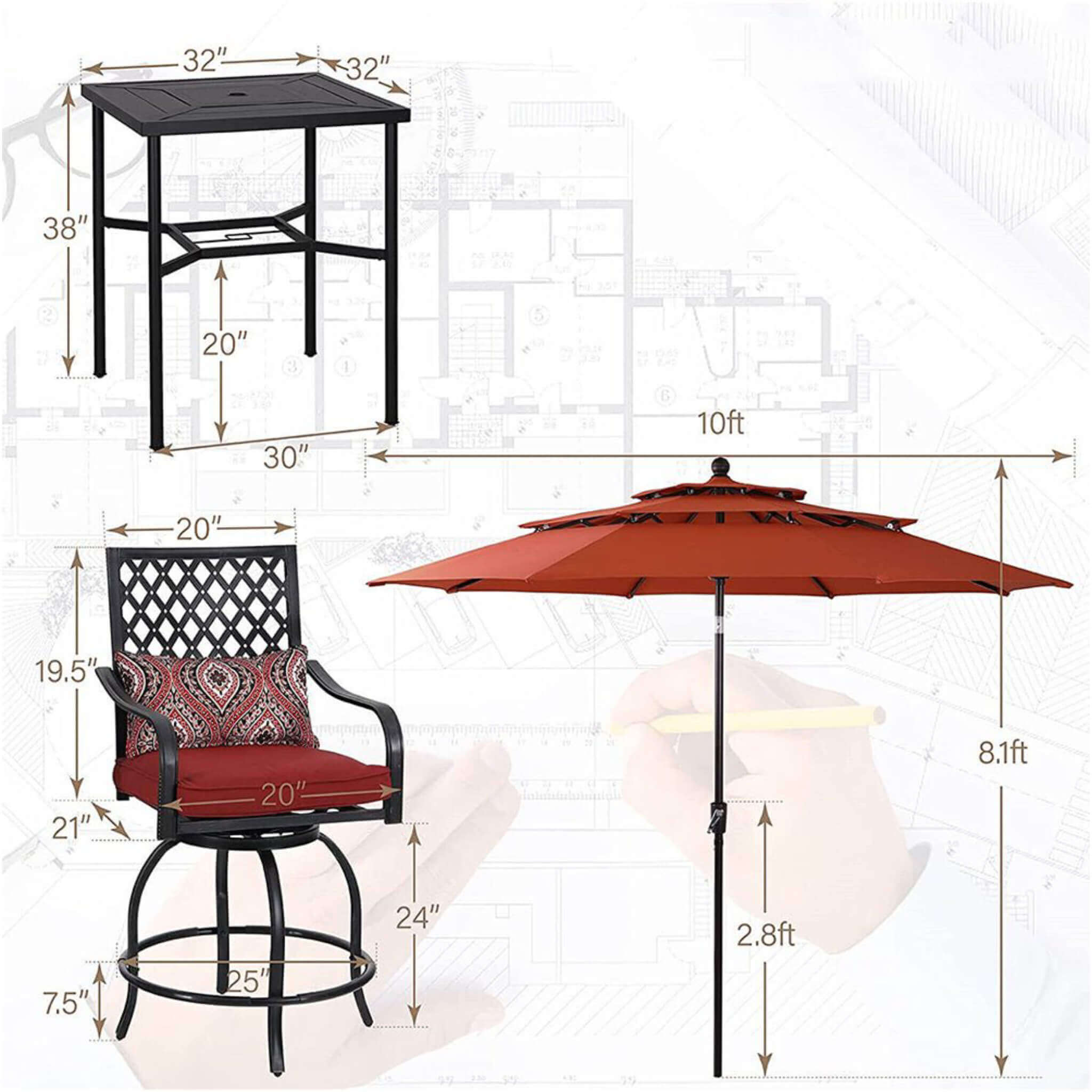 6PCS Outdoor Patio Bar Set Dining Table With Umbrella & Swivel Bar Stools (SAK53218)