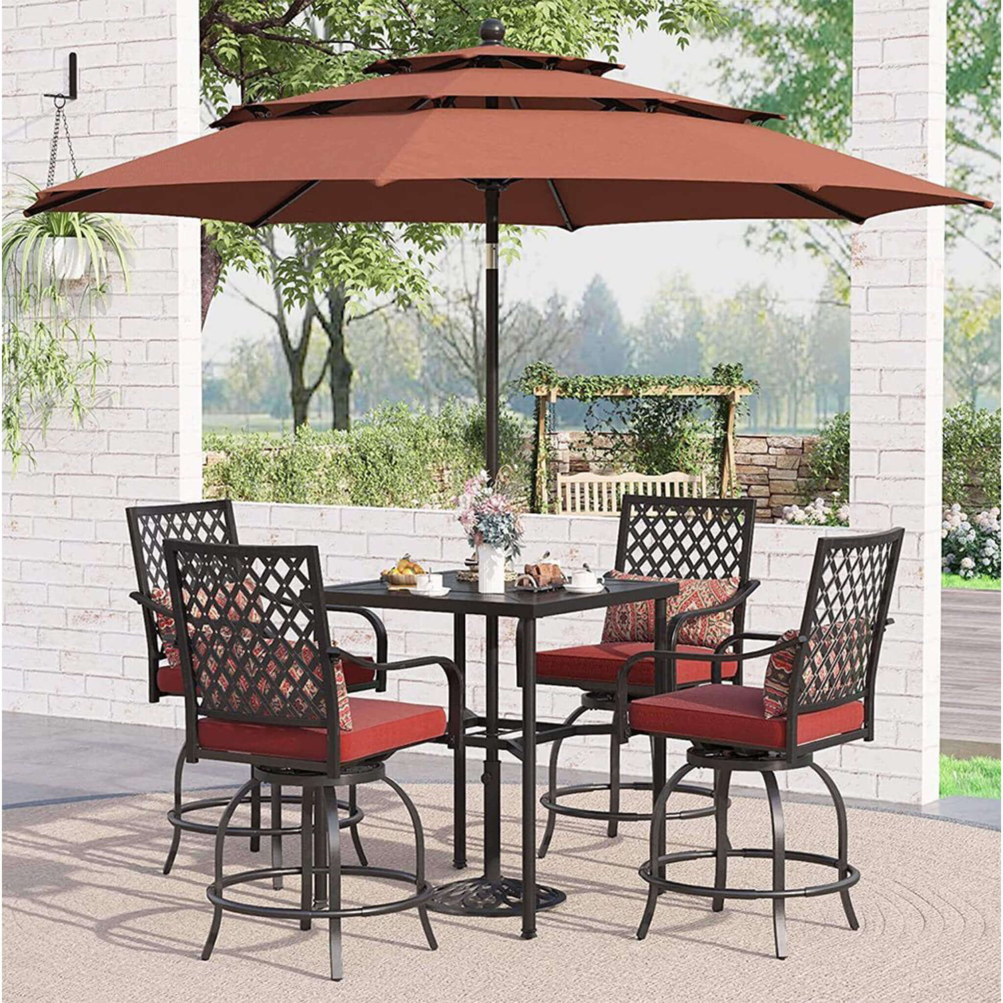 6PCS Outdoor Patio Bar Set Dining Table With Umbrella & Swivel Bar Stools (SAK53218)