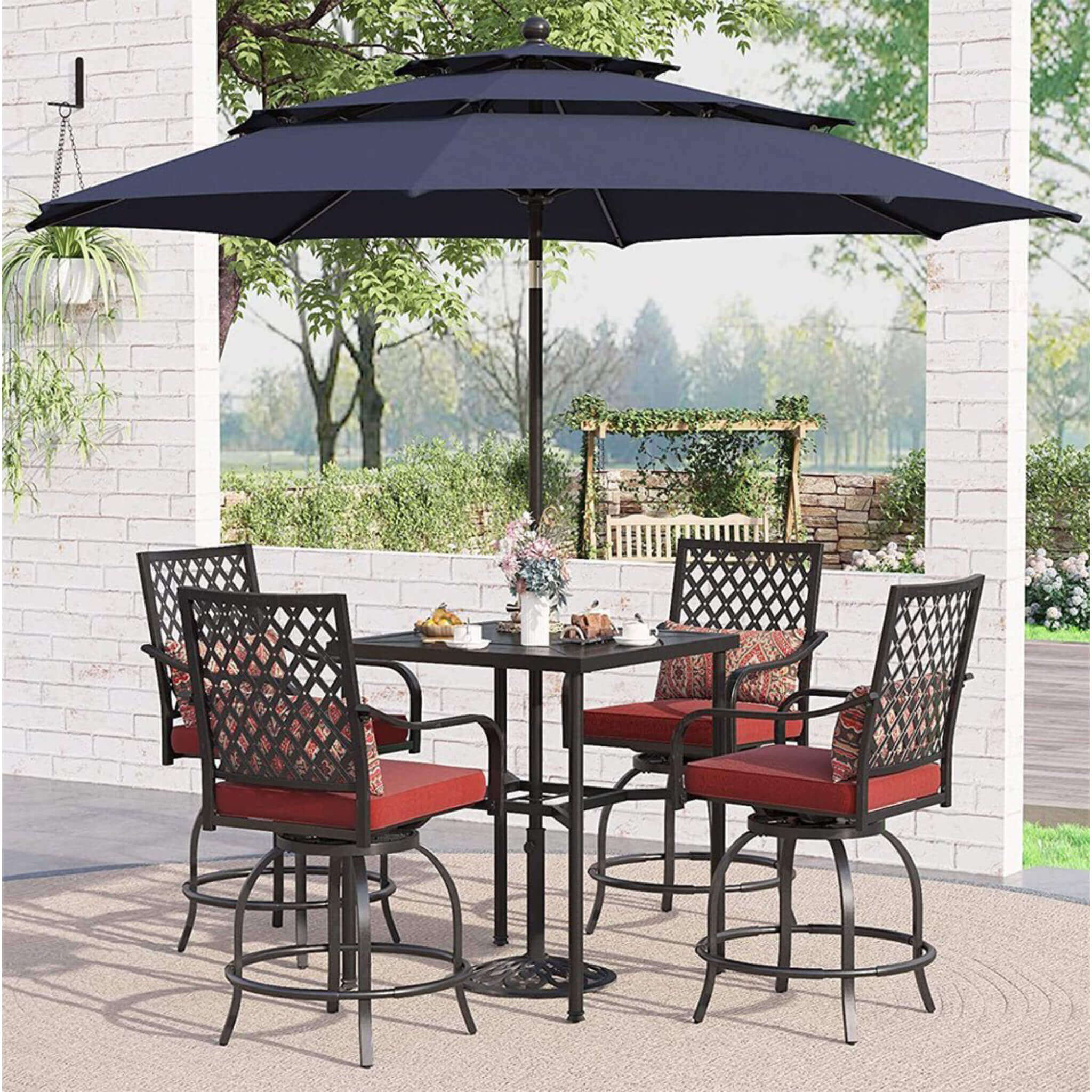 6PCS Outdoor Patio Bar Set Dining Table With Umbrella & Swivel Bar Stools (SAK53218)