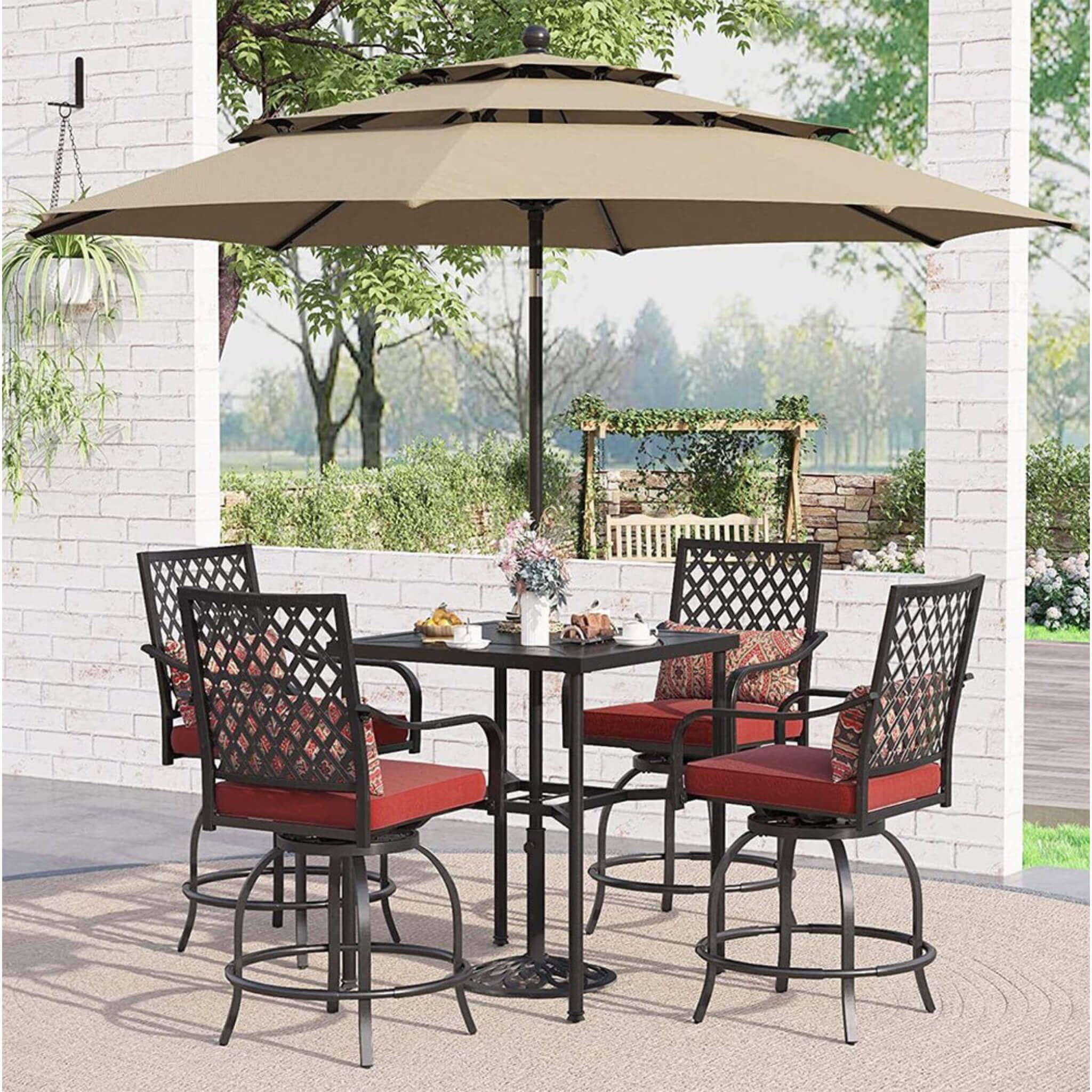 6PCS Outdoor Patio Bar Set Dining Table With Umbrella & Swivel Bar Stools (SAK53218)