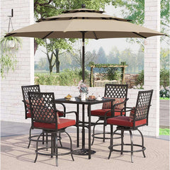 6PCS Outdoor Patio Bar Set Dining Table With Umbrella & Swivel Bar Stools (SAK53218)