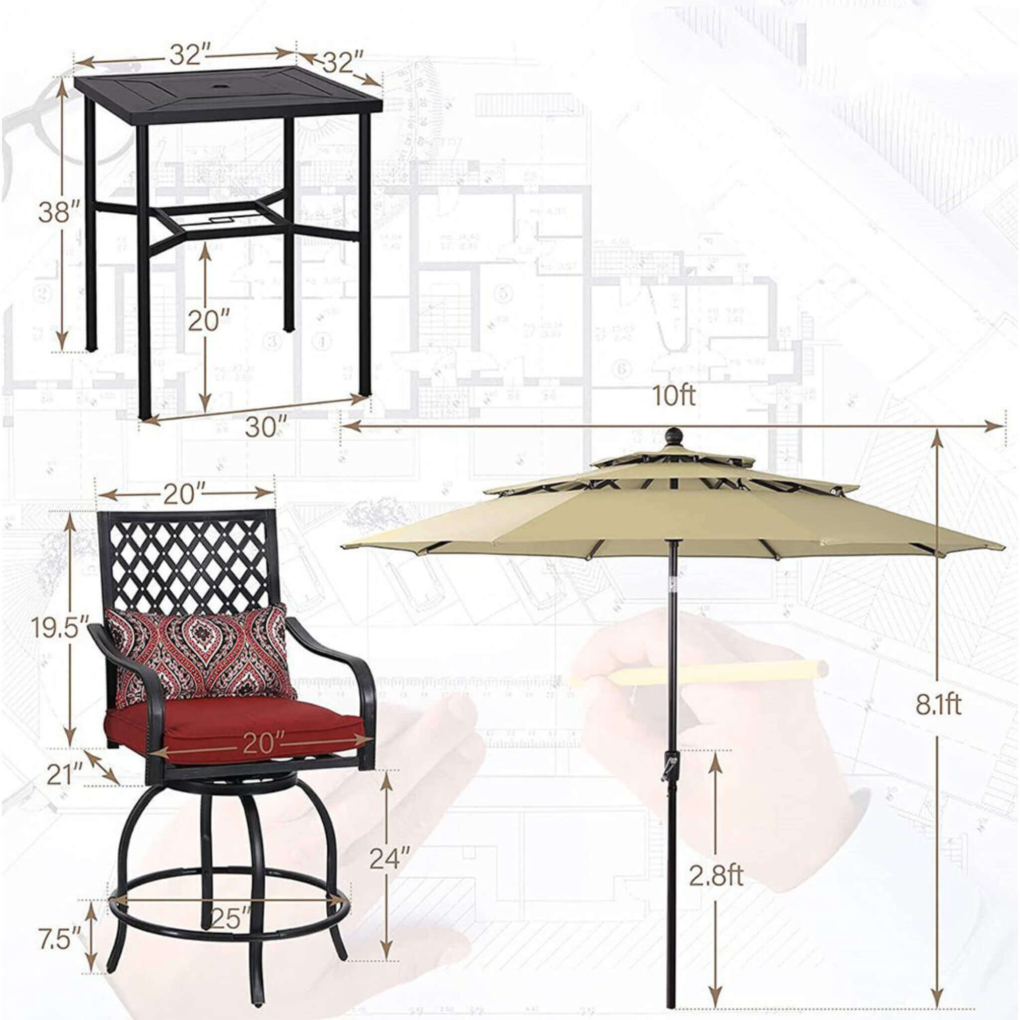6PCS Outdoor Patio Bar Set Dining Table With Umbrella & Swivel Bar Stools (SAK53218)