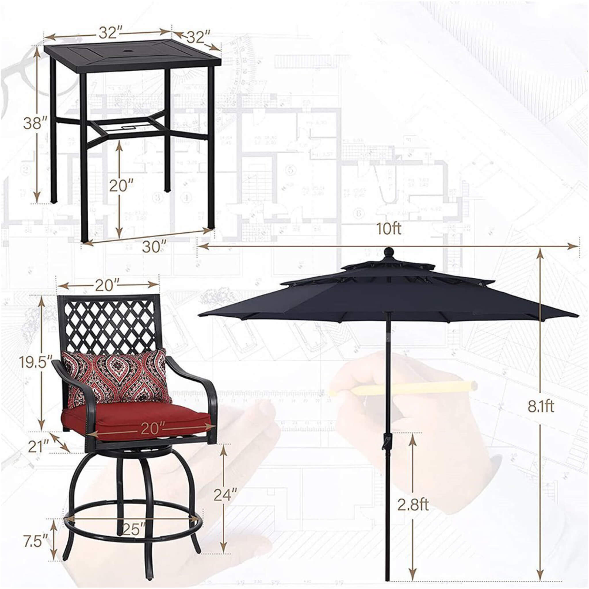 6PCS Outdoor Patio Bar Set Dining Table With Umbrella & Swivel Bar Stools (SAK53218)