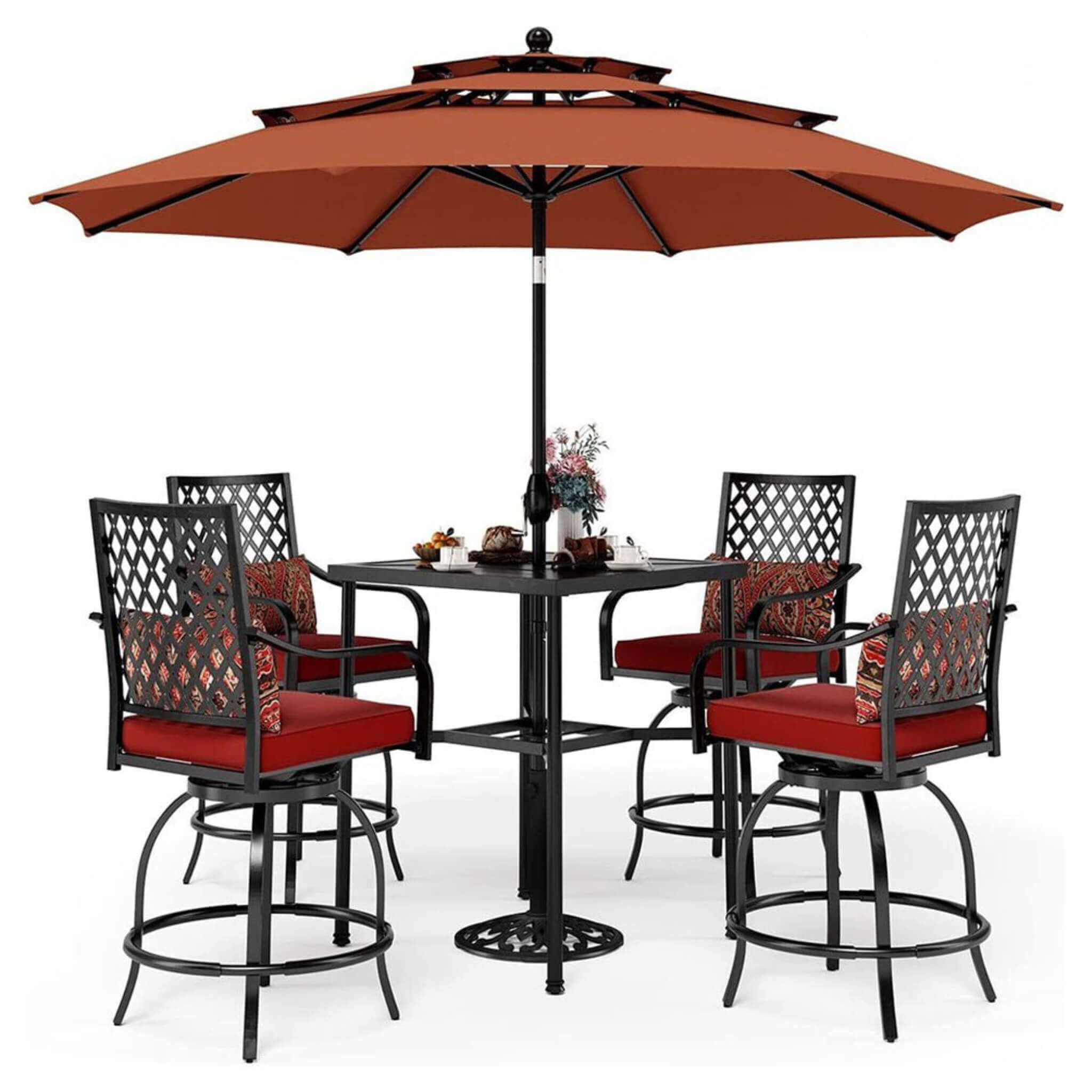 6PCS Outdoor Patio Bar Set Dining Table With Umbrella & Swivel Bar Stools (SAK53218)