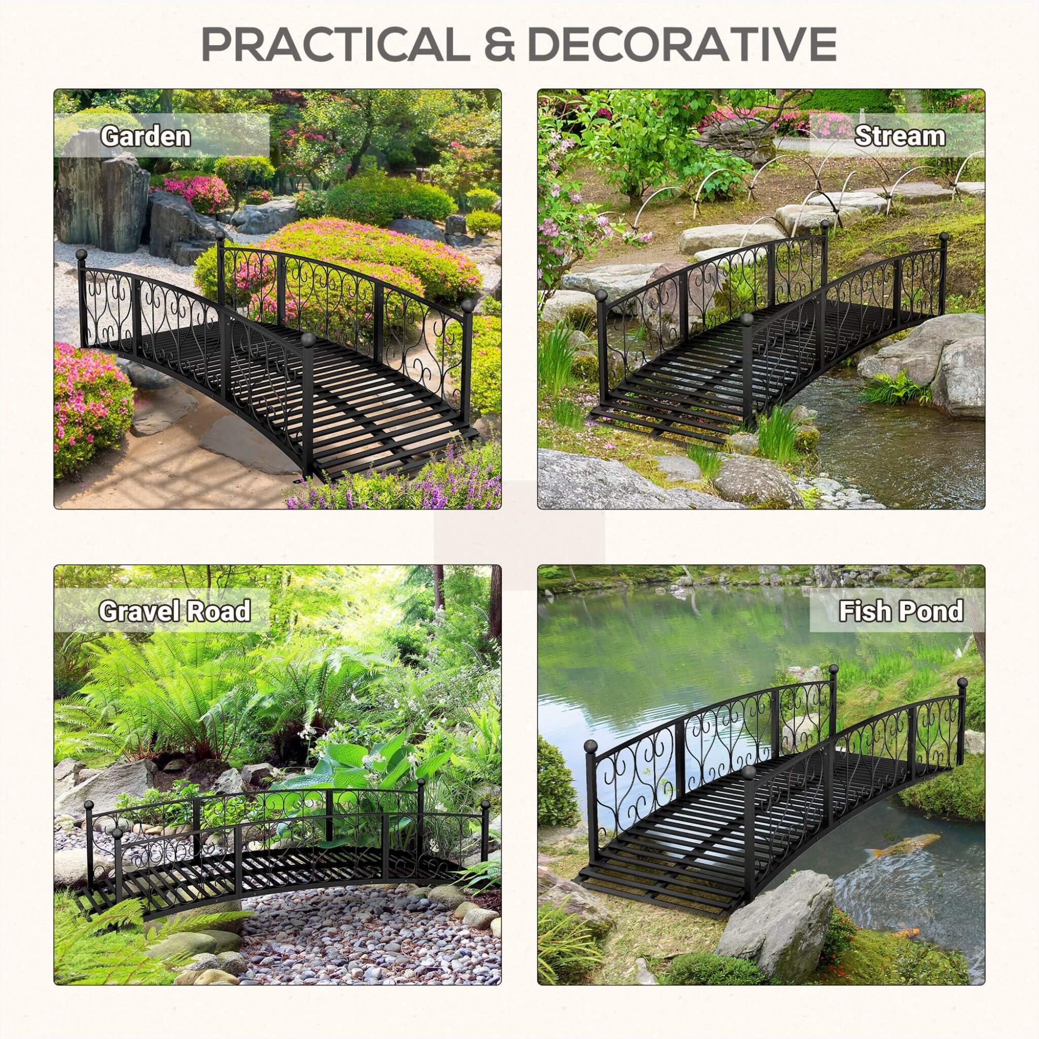 7FT Decorative Metal Arch Footbridge Garden Bridge With Safety Siderails (SAK53829)
