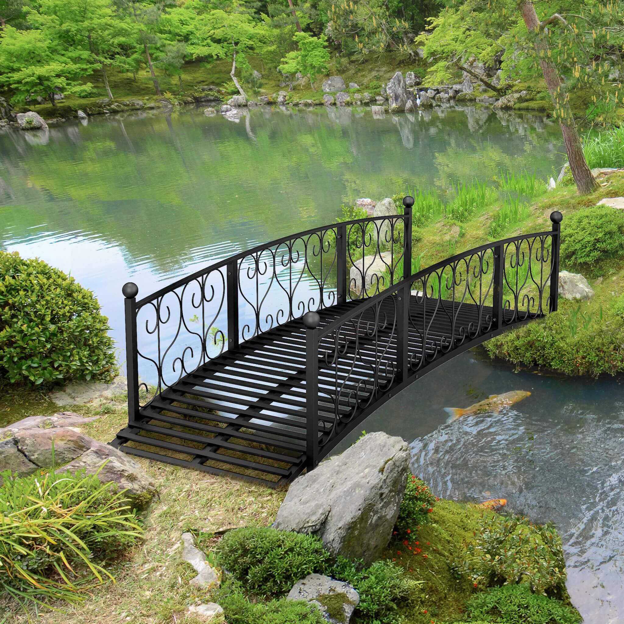 7FT Decorative Metal Arch Footbridge Garden Bridge With Safety Siderails (SAK53829)