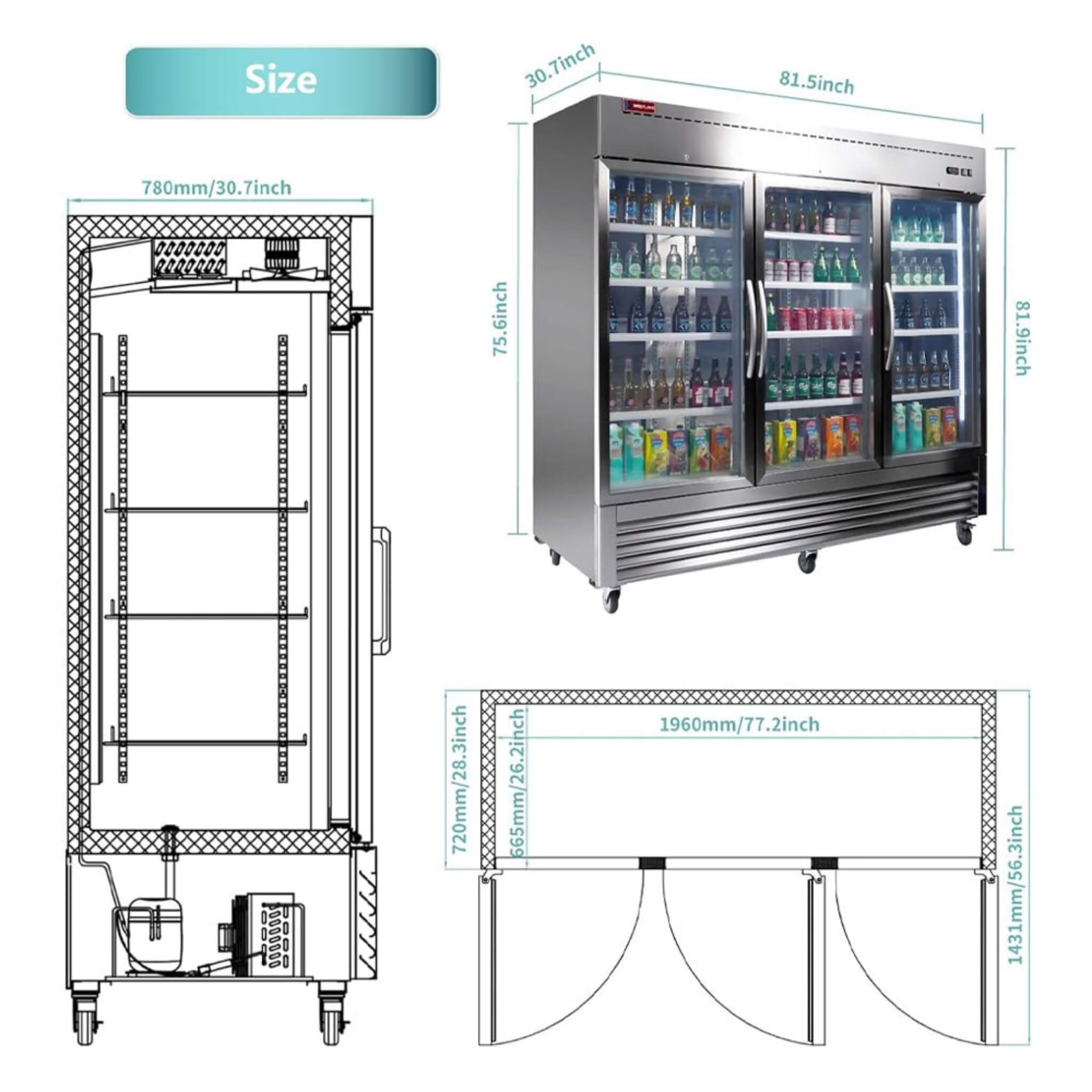 82" Commercial Stainless Steel Upright Display 3 Section Merchandiser Refrigerator (SAK15724)