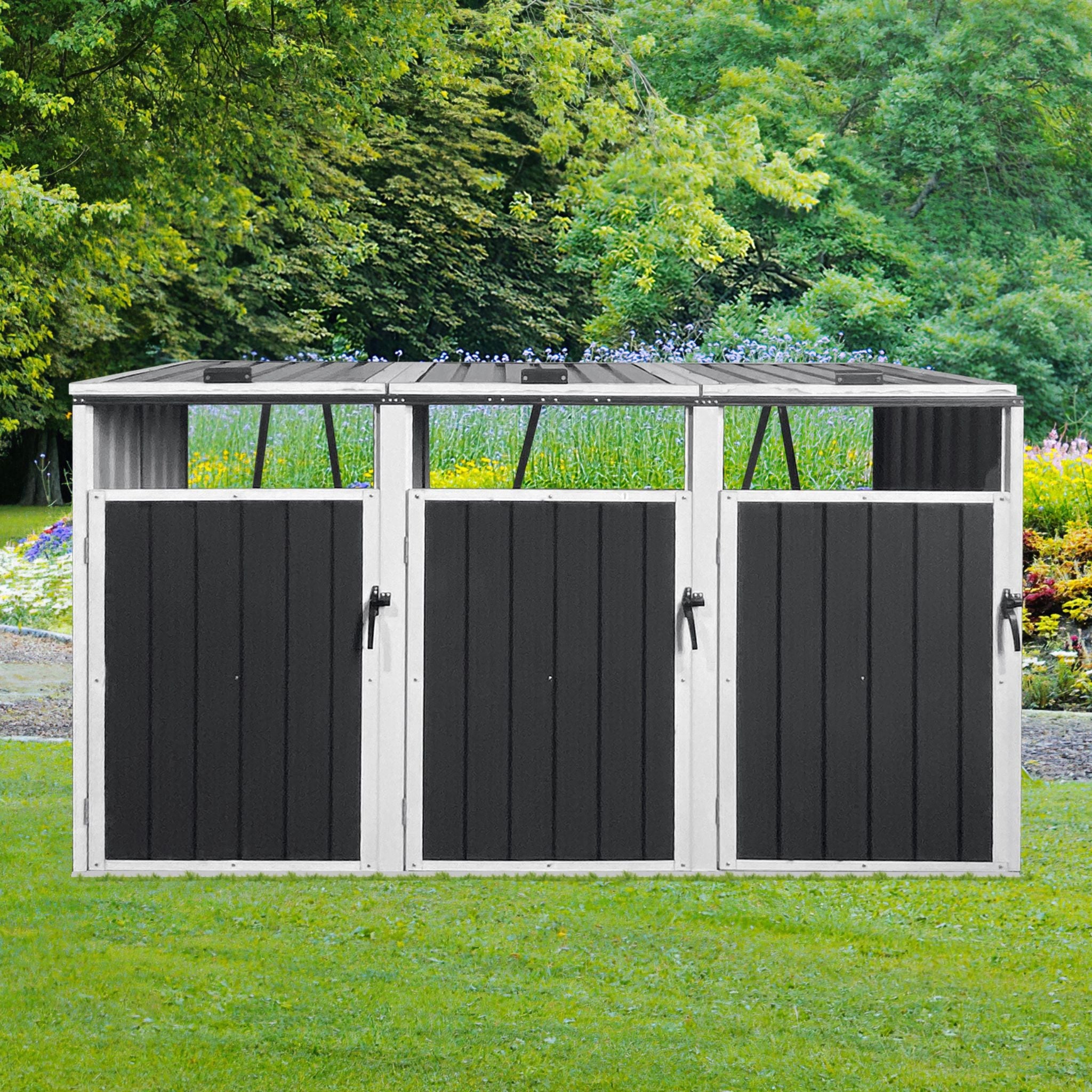 87 Inch Extra Large Heavy Duty Outdoor Metal Garbage Bin Shed For 3 Trash Cans (SAK34981)