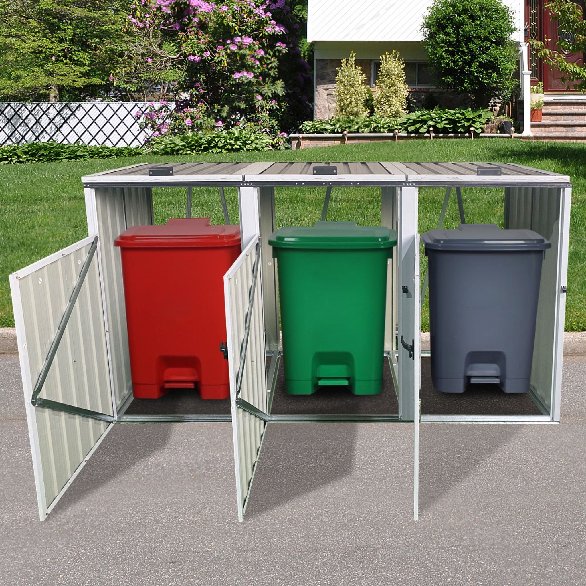 87 Inch Extra Large Heavy Duty Outdoor Metal Garbage Bin Shed For 3 Trash Cans (SAK34981)