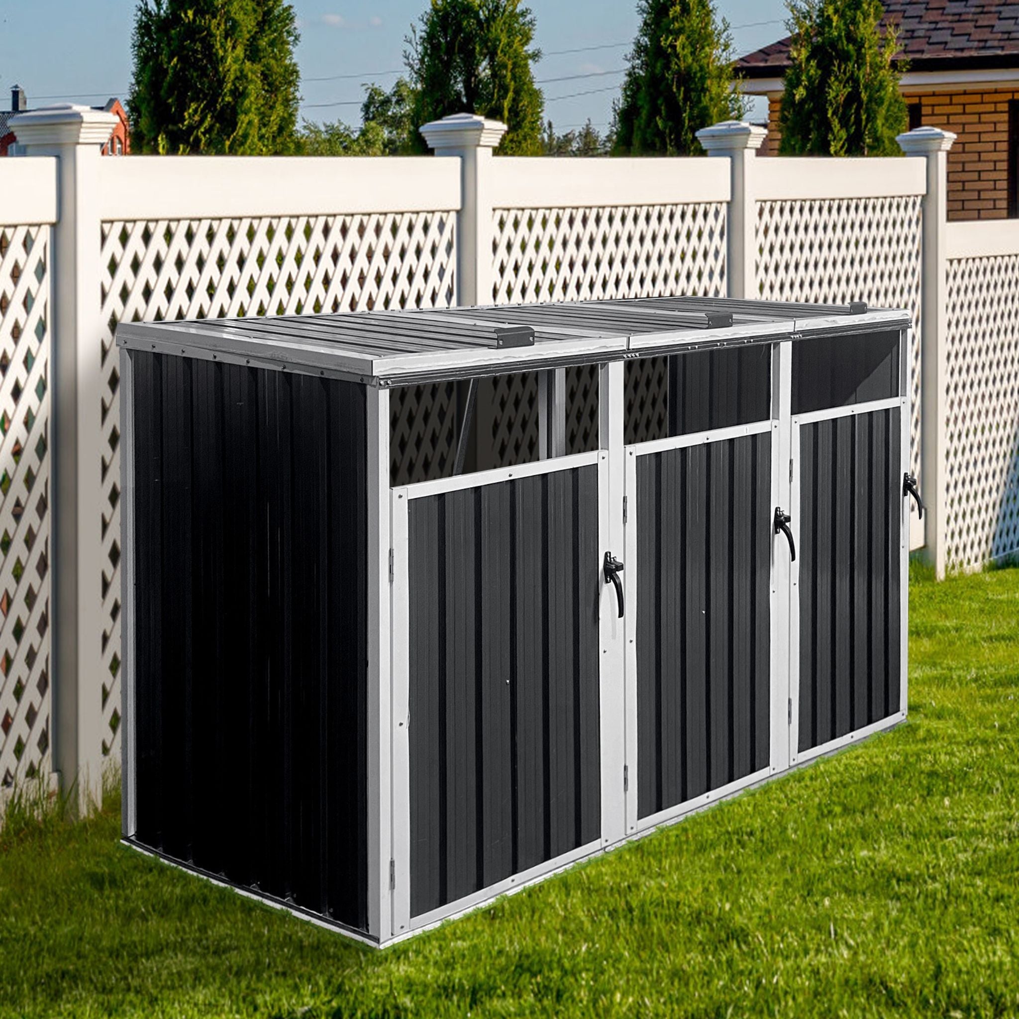 87 Inch Extra Large Heavy Duty Outdoor Metal Garbage Bin Shed For 3 Trash Cans (SAK34981)