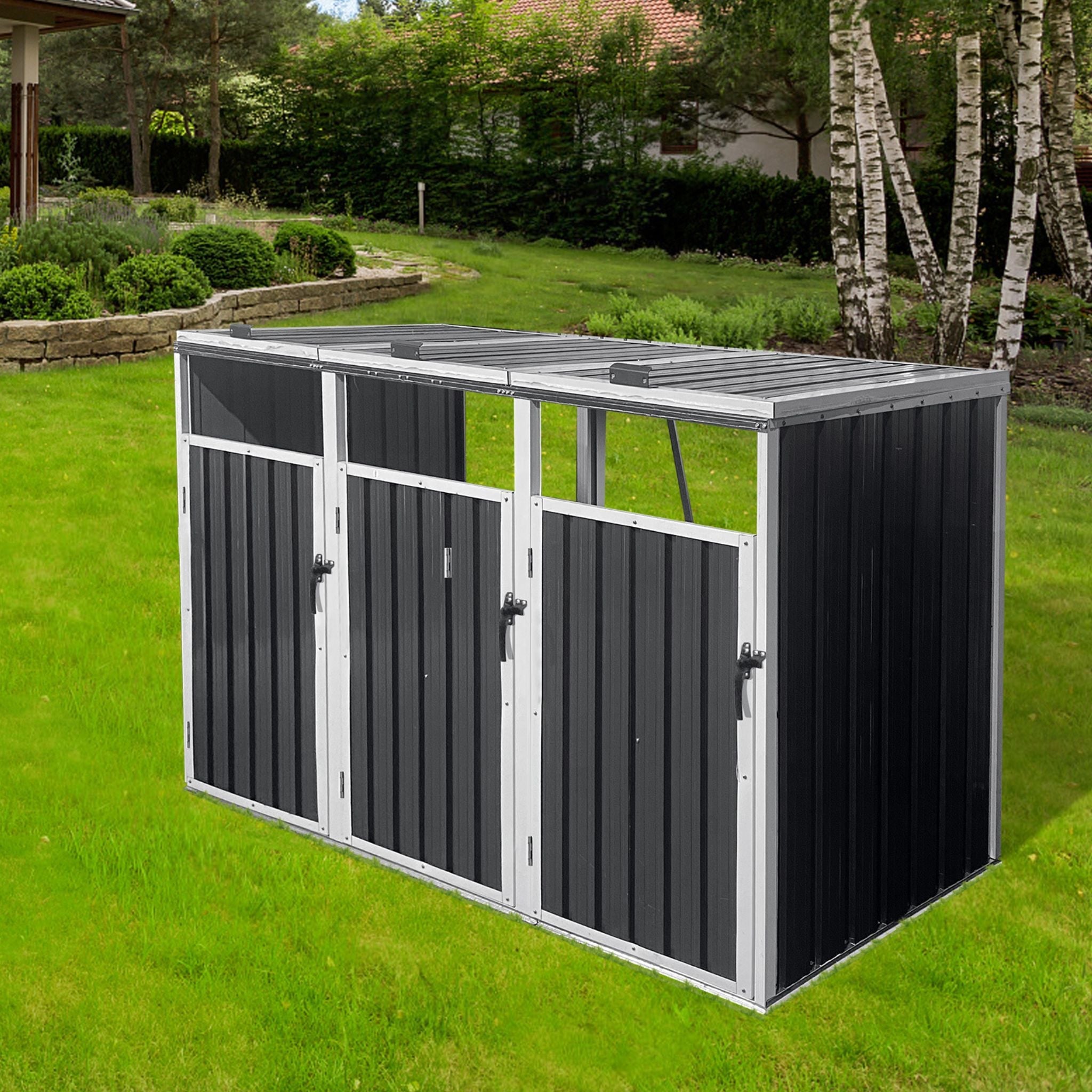 87 Inch Extra Large Heavy Duty Outdoor Metal Garbage Bin Shed For 3 Trash Cans (SAK34981)