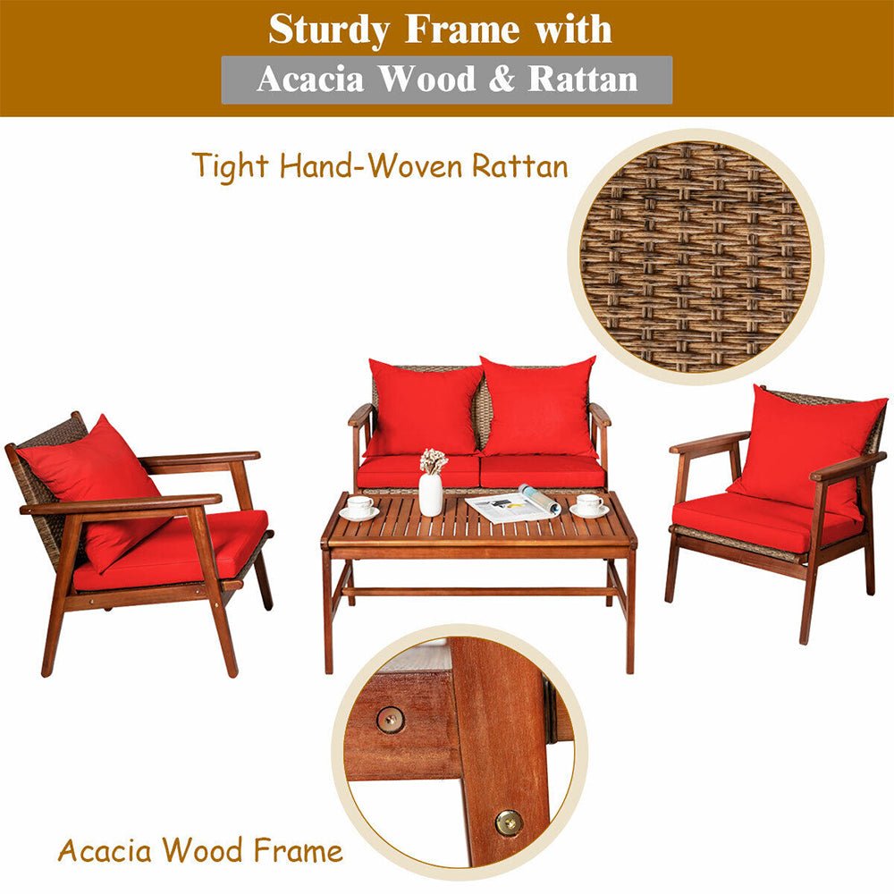 8PCS Patio Rattan Furniture Set With Acacia Wood Frame & Cushioned Sofa Chairs (97415280)