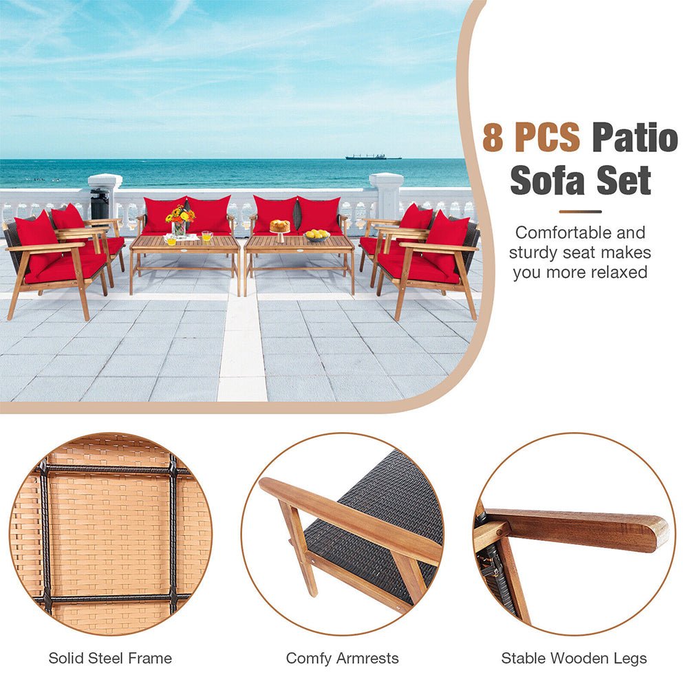 8PCS Patio Rattan Furniture Set With Acacia Wood Frame & Cushioned Sofa Chairs (97415280)