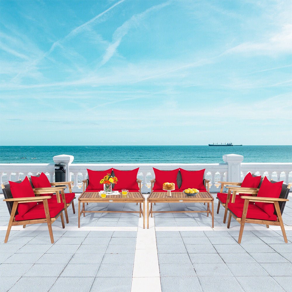 8PCS Patio Rattan Furniture Set With Acacia Wood Frame & Cushioned Sofa Chairs (97415280)