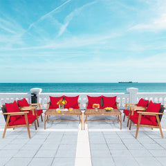 8PCS Patio Rattan Furniture Set With Acacia Wood Frame & Cushioned Sofa Chairs (97415280)