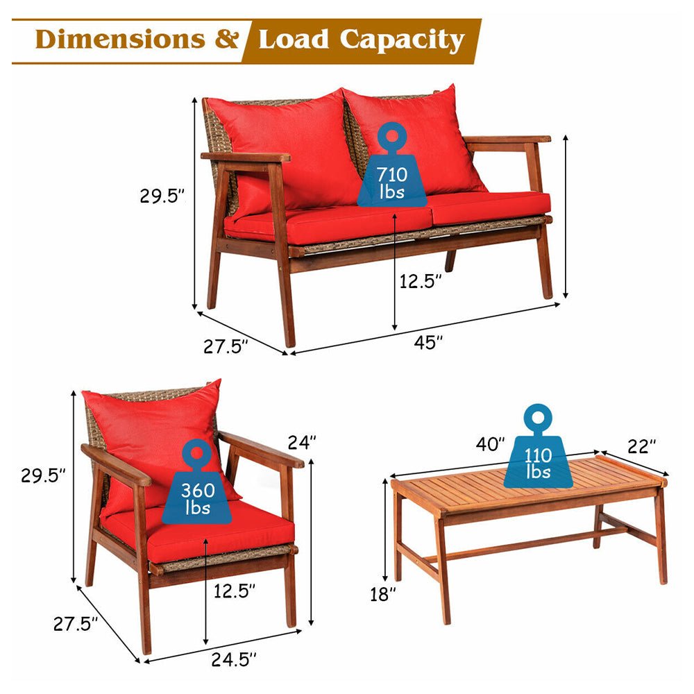 8PCS Patio Rattan Furniture Set With Acacia Wood Frame & Cushioned Sofa Chairs (97415280)