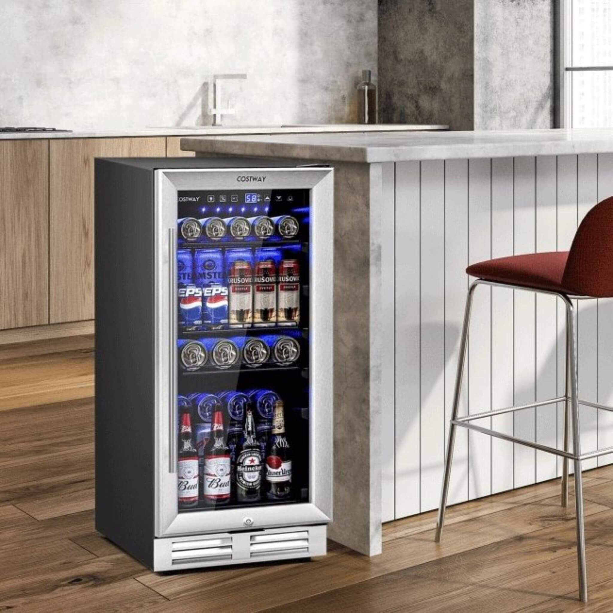 Costway 15'' Tall Built-In Freestanding Beverage Cooler Refrigerator, 100 Cans (SAK77654)