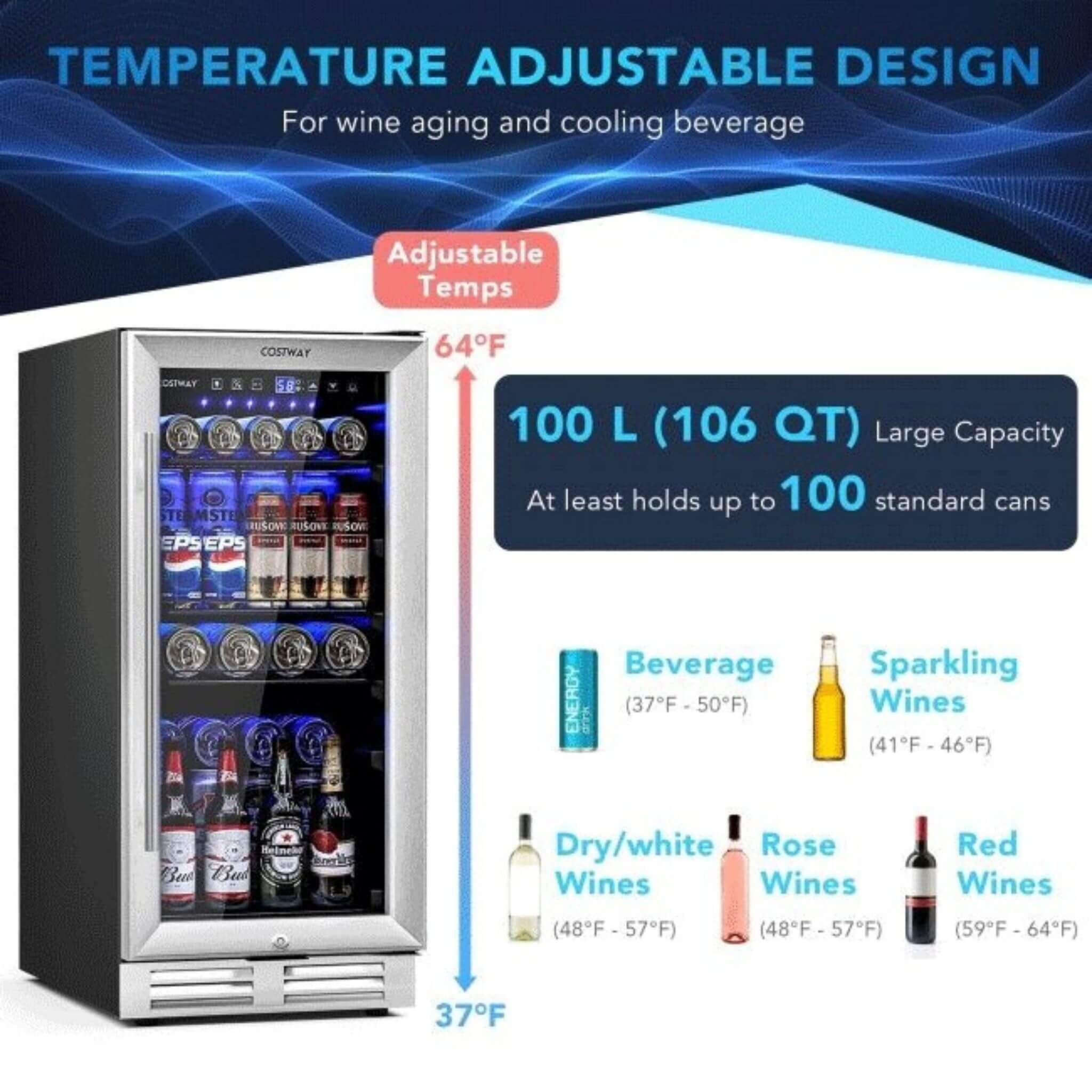 Costway 15'' Tall Built-In Freestanding Beverage Cooler Refrigerator, 100 Cans (SAK77654)