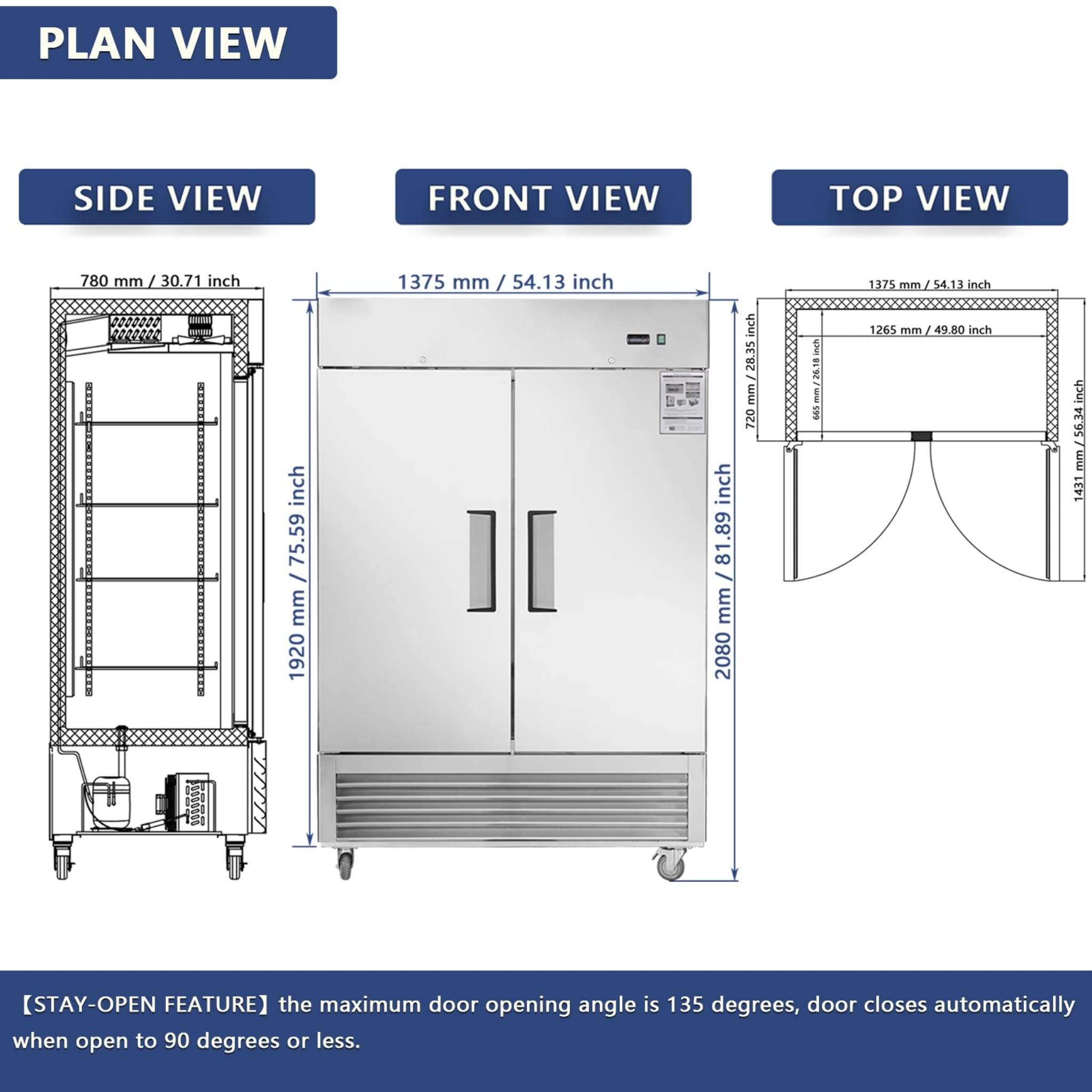 Heavy Duty 54" Stainless Steel 2-Door Reach-In Upright Commercial Freezer (SAK66598)
