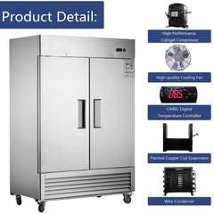 Heavy Duty 54" Stainless Steel 2-Door Reach-In Upright Commercial Freezer (SAK66598)