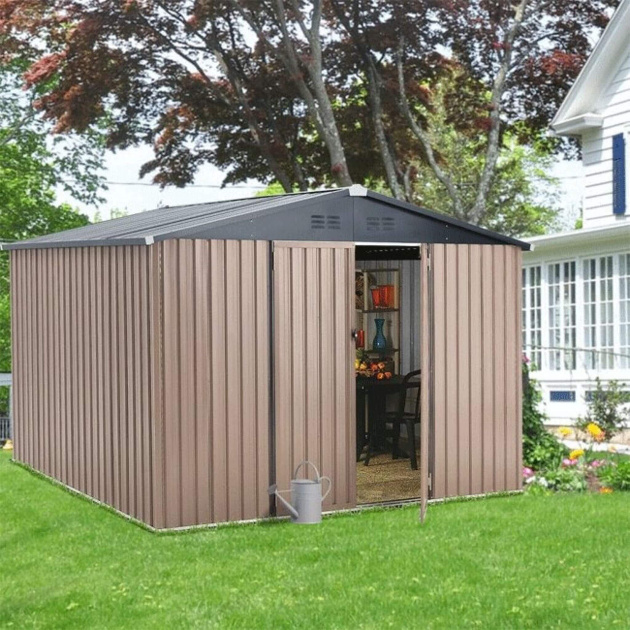 Large Heavy Duty Outdoor Metal Garden Tools Storage Utility Shed W/ Lockable Door, 8x10' (SAK72751)